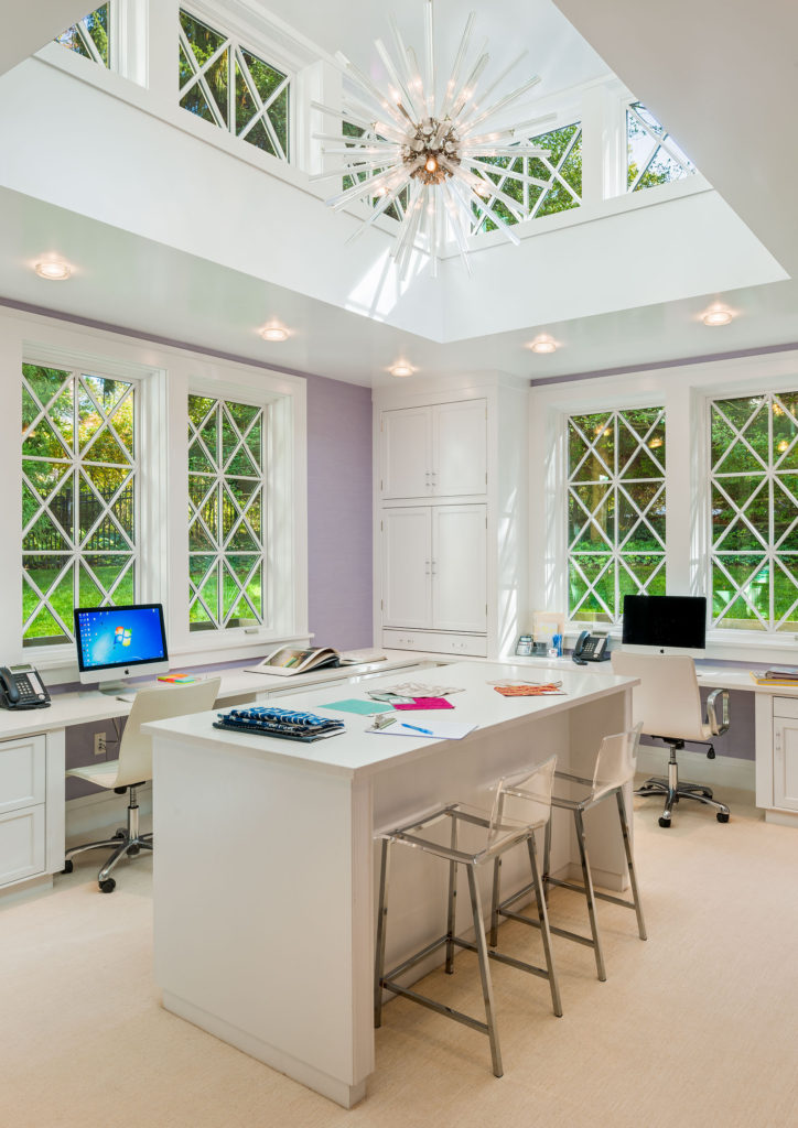 home office design with large windows and clerestory windows