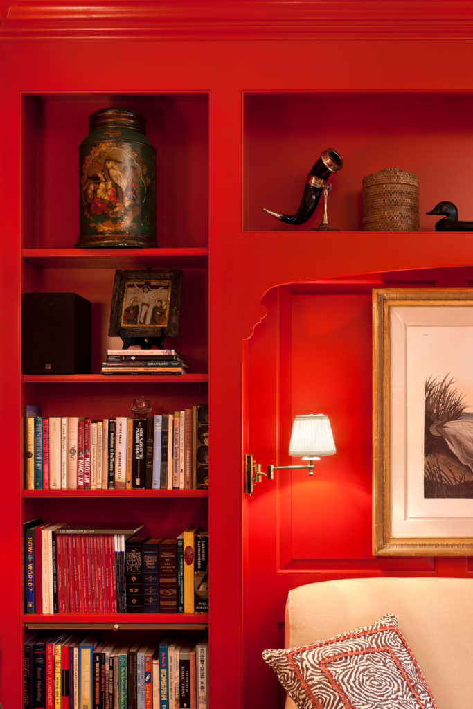 red walls and shelving
