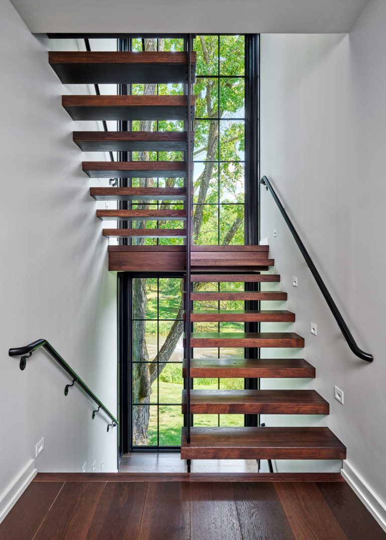 Contemporary floating stair with wood treads
