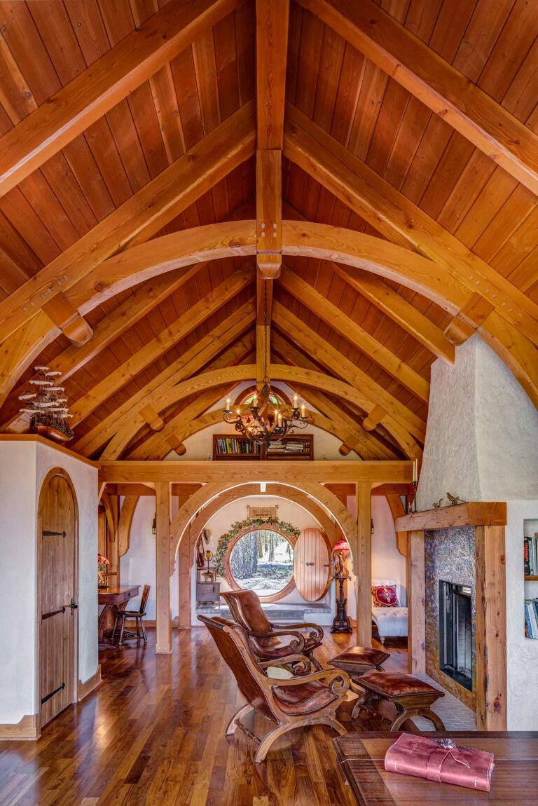 hobbit house interior view of timber frame structure