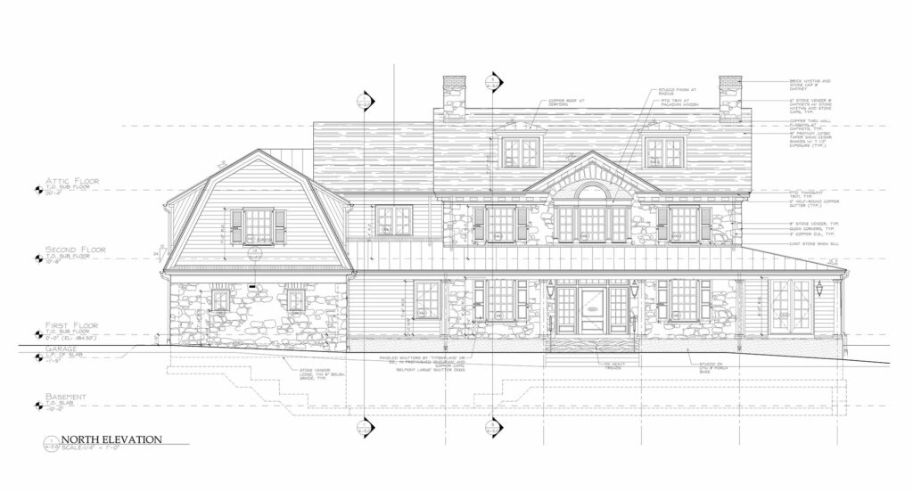 Computer-aided Exterior Elevation drawing of the same residential project shown above.