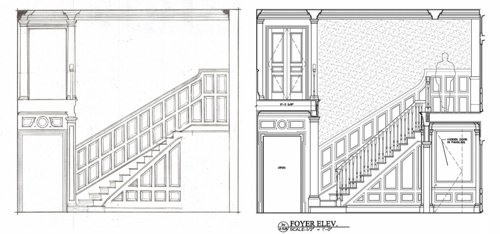 Hand-drafted Interior Elevation drawing (left) compared to a computer-aided Interior Elevation drawing (right) of the space.