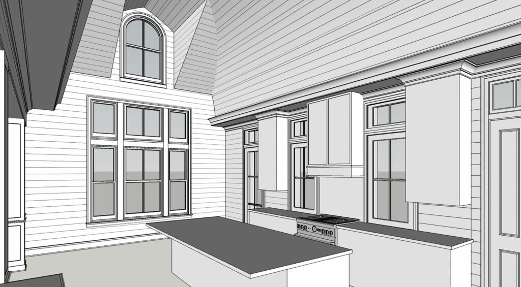 Three-dimensional digital model of the interior of a proposed kitchen design.