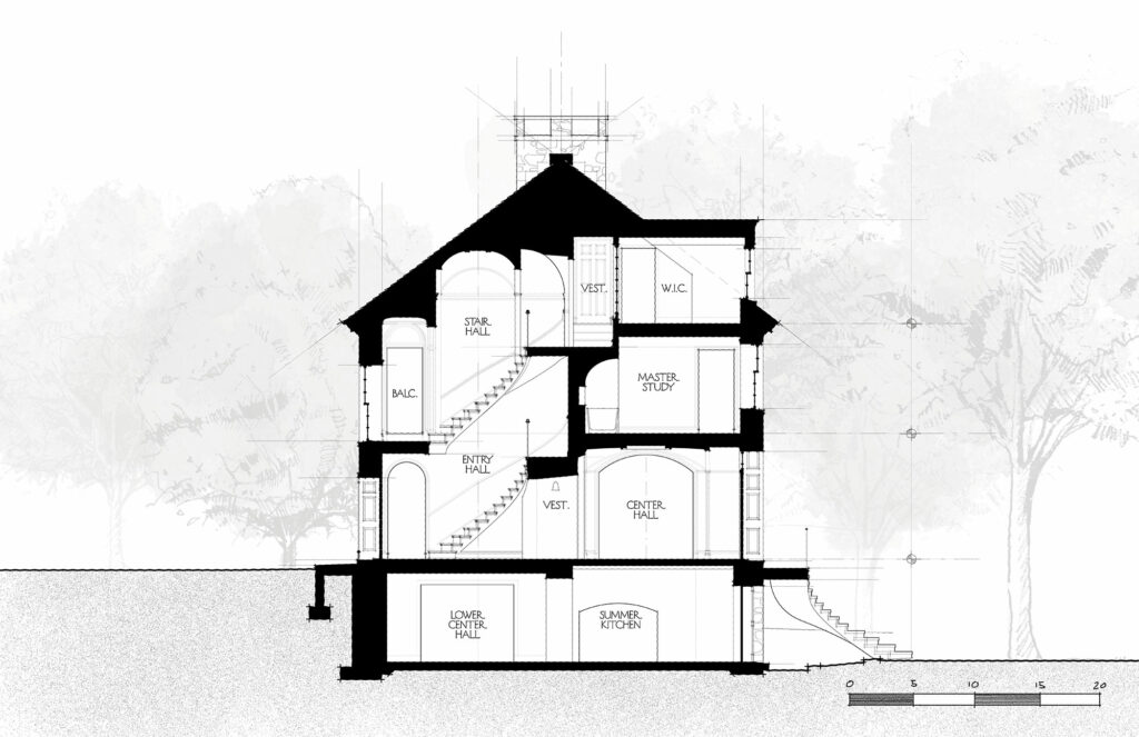 Computer-aided Building Section drawing showing an idea for the interiors.