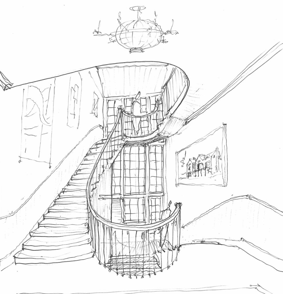 Hand-drafted perspective sketch of an interior stair hall.