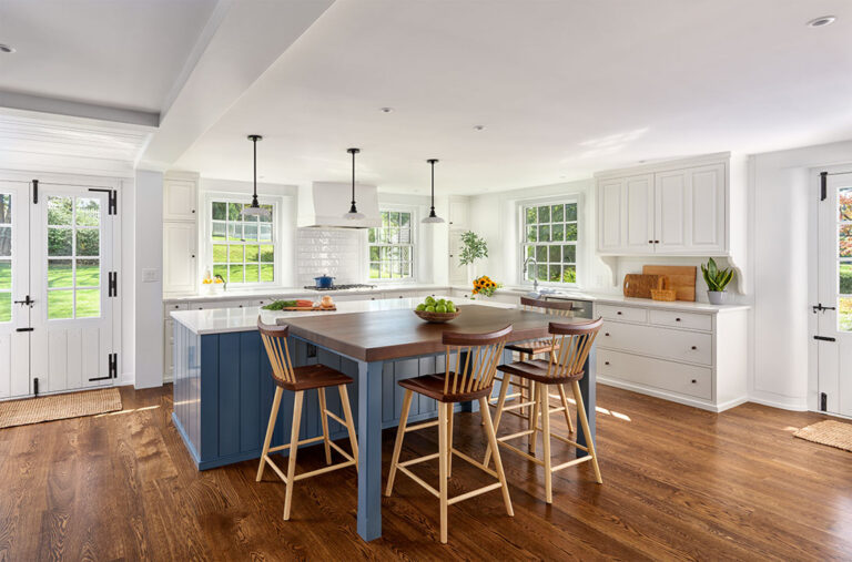 new white and blue kitchen in new addition to Dower House in West Chester Pennsylvania promotes contemporary living while still preserving historic character