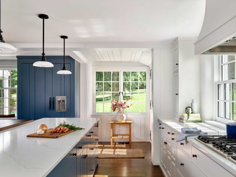 a view to the outside from the bright new white and blue kitchen included in the addition to Dower House