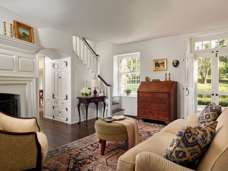 the living room of Dower House displaying signature design elements of Brognard Okie