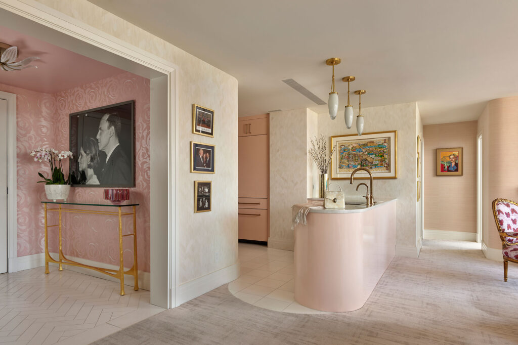 Pink, cream and blush entry foyer, kitchen and living room in Rittenhouse Square condominium renovation