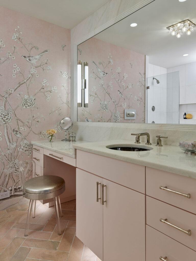 Pink and white primary bathroom in Rittenhouse Square condominium renovation