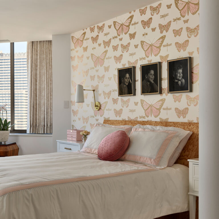 Blush and cream primary bedroom in Rittenhouse Condomium renovation project